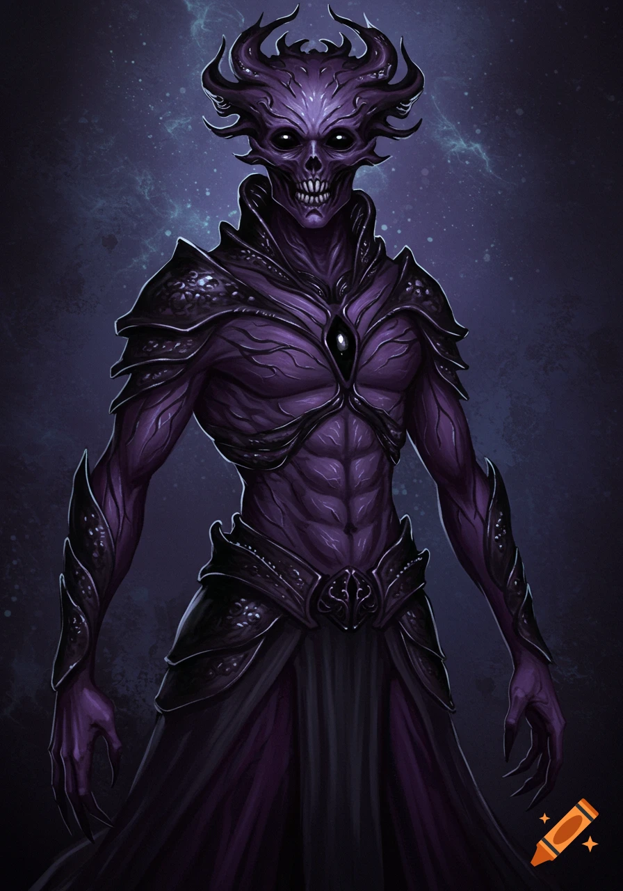 Purple alien creature with glowing eyes, skeletal face, horns, and dark armor against a cosmic background.