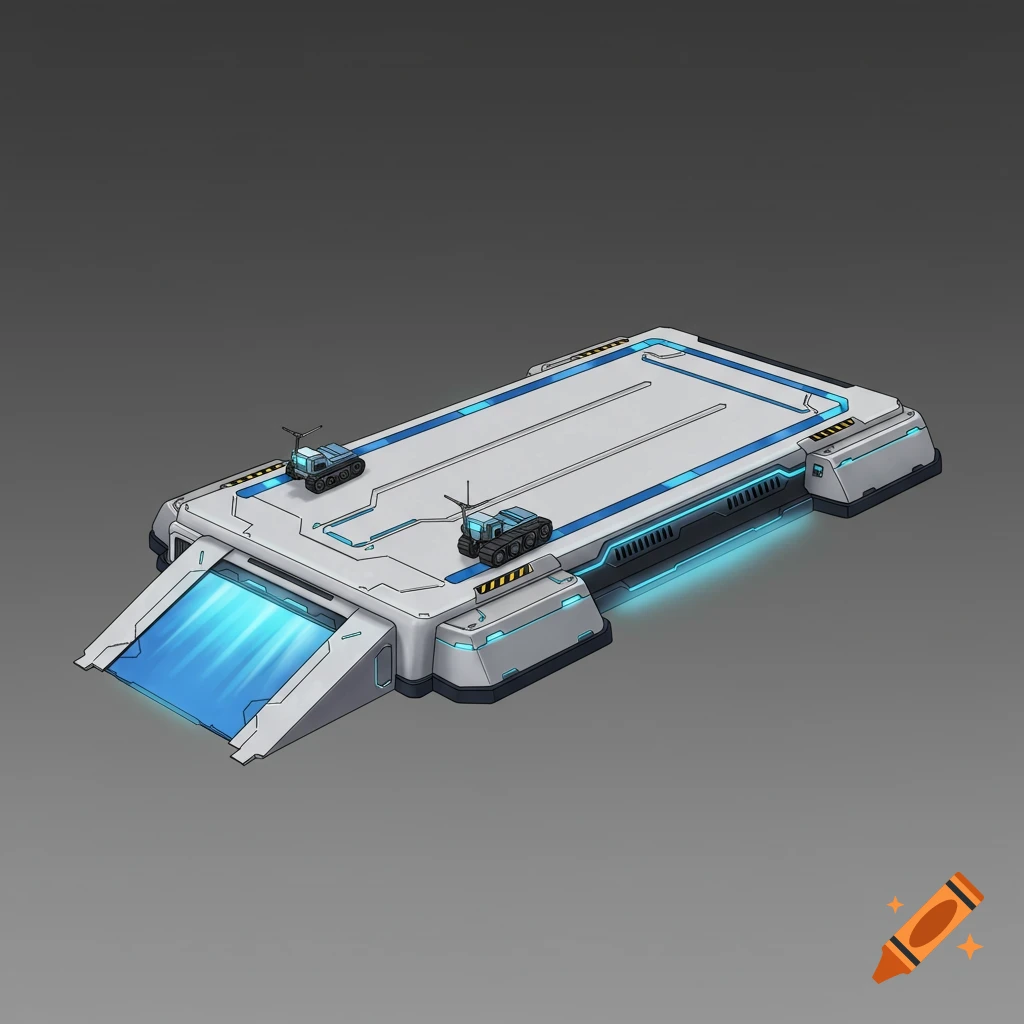 A white rectangular teleportation pad with blue glowing trim, a ramp, and two small tracked robots.