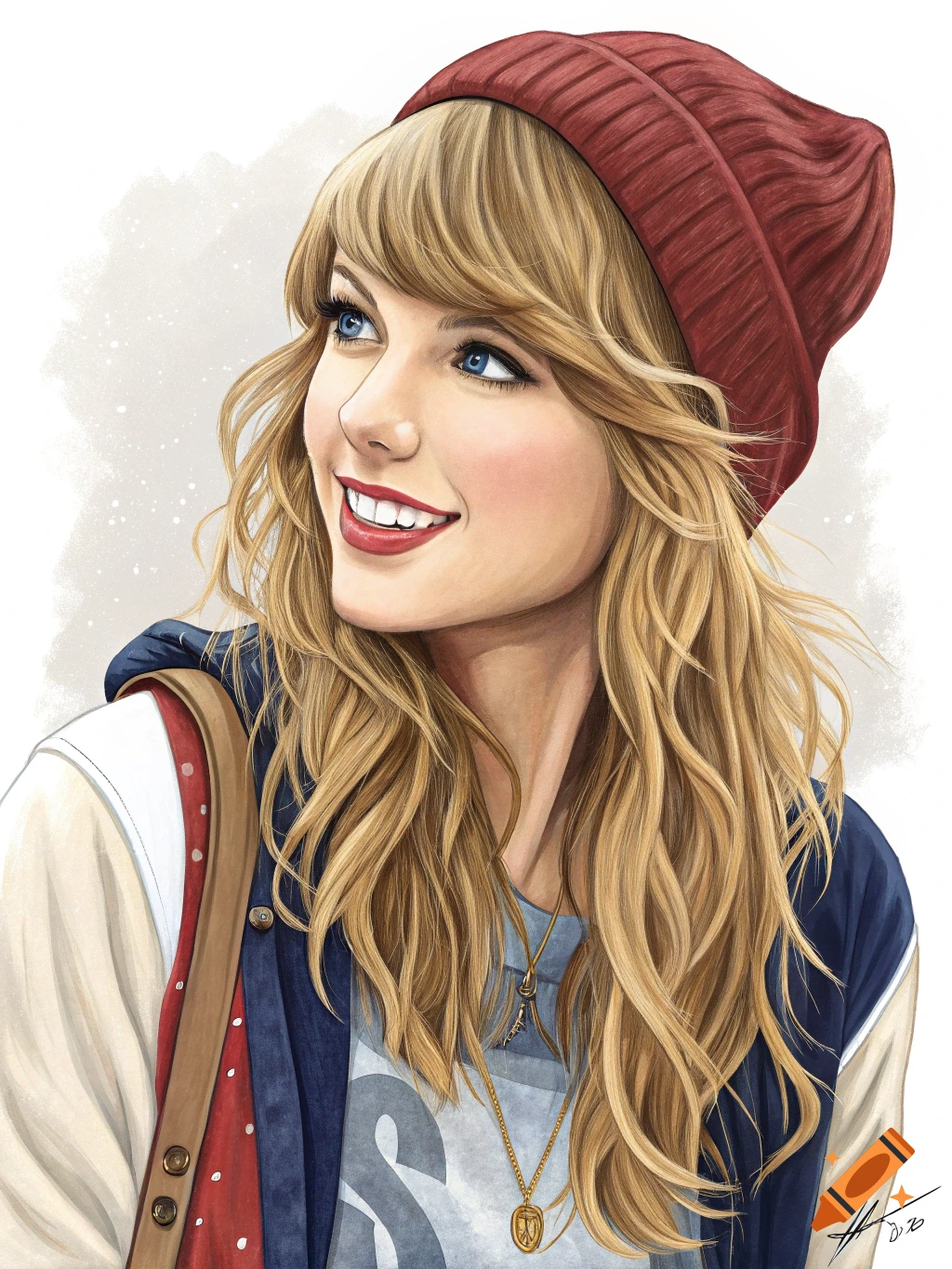 A detailed digital painting of Taylor Swift, wearing a red beanie, blue jacket, and a necklace, smiling and looking up.