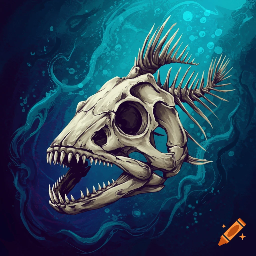 Stylized illustration of a fish skeleton head with sharp teeth and bones, against a dark blue and teal bubbly background.