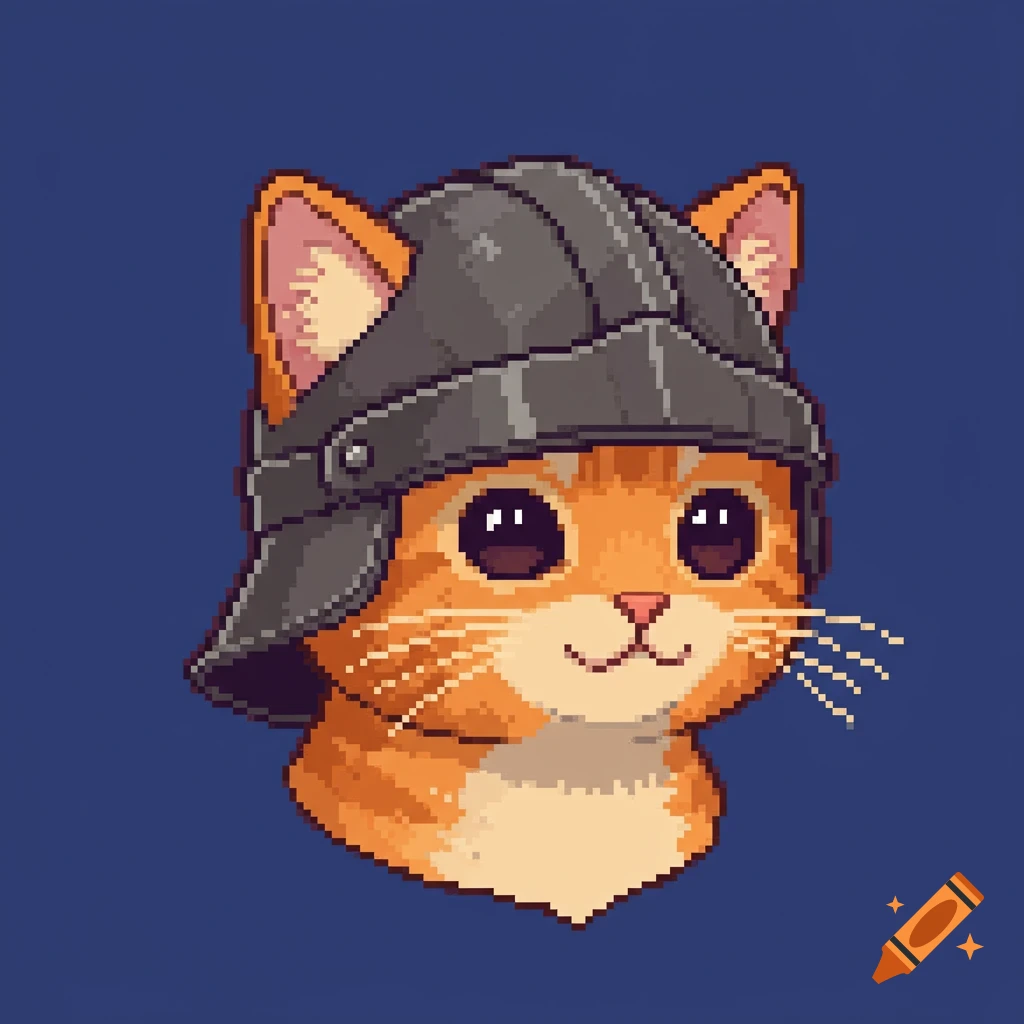 A pixel art portrait of an orange tabby cat wearing a grey medieval helmet.