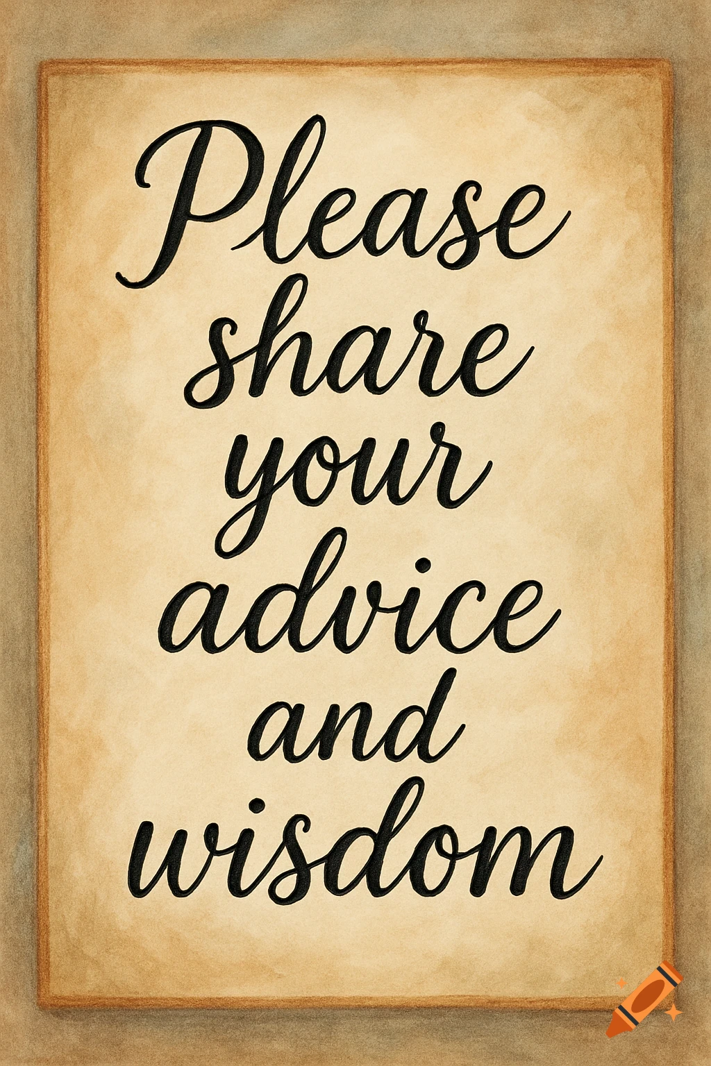 A vintage-style sign on aged parchment with the text 'Please share your advice and wisdom' in black script font.