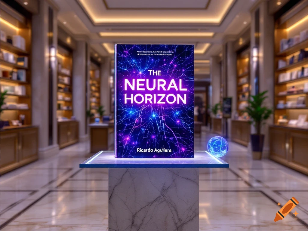A book titled "The Neural Horizon" with a neural network cover, displayed on a glowing pedestal in a luxurious bookstore.