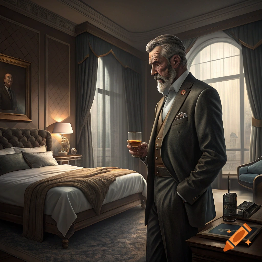 A photorealistic image of an older man with a beard in a suit, holding a drink in an elegant hotel room.