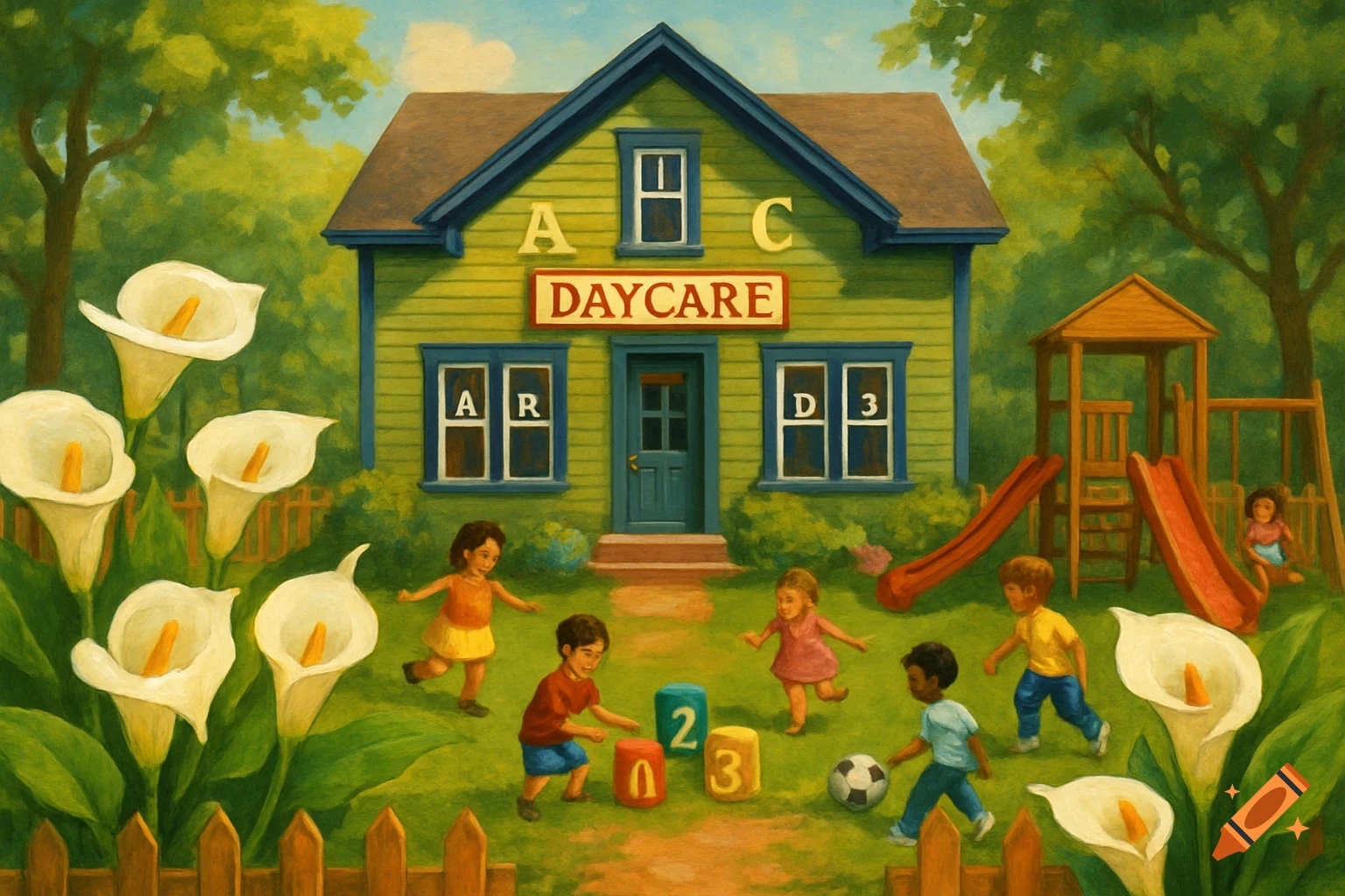 A vibrant painting of children playing in a sunny daycare yard with a playground, an olive green house, and large white calla lilies.