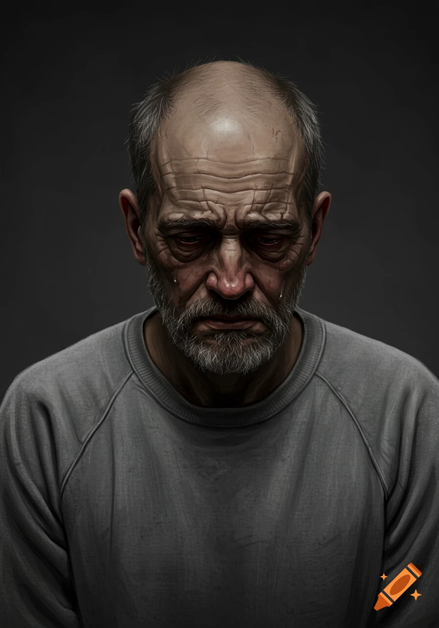 A detailed digital painting of a deeply sad, balding older man with a beard and tears, looking down.