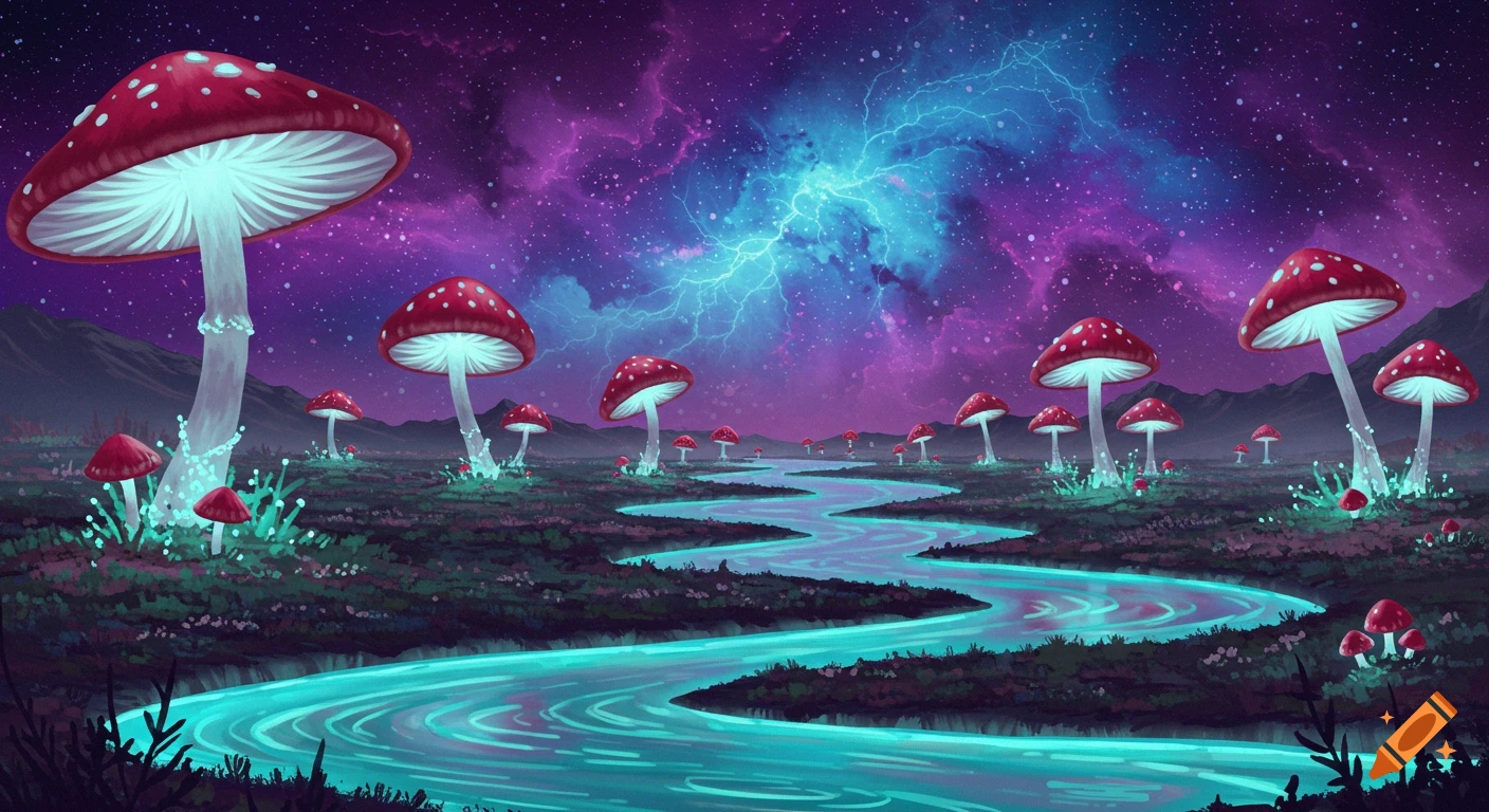 Surreal landscape with giant red mushrooms, a glowing river, and a vibrant purple cosmic sky with lightning.