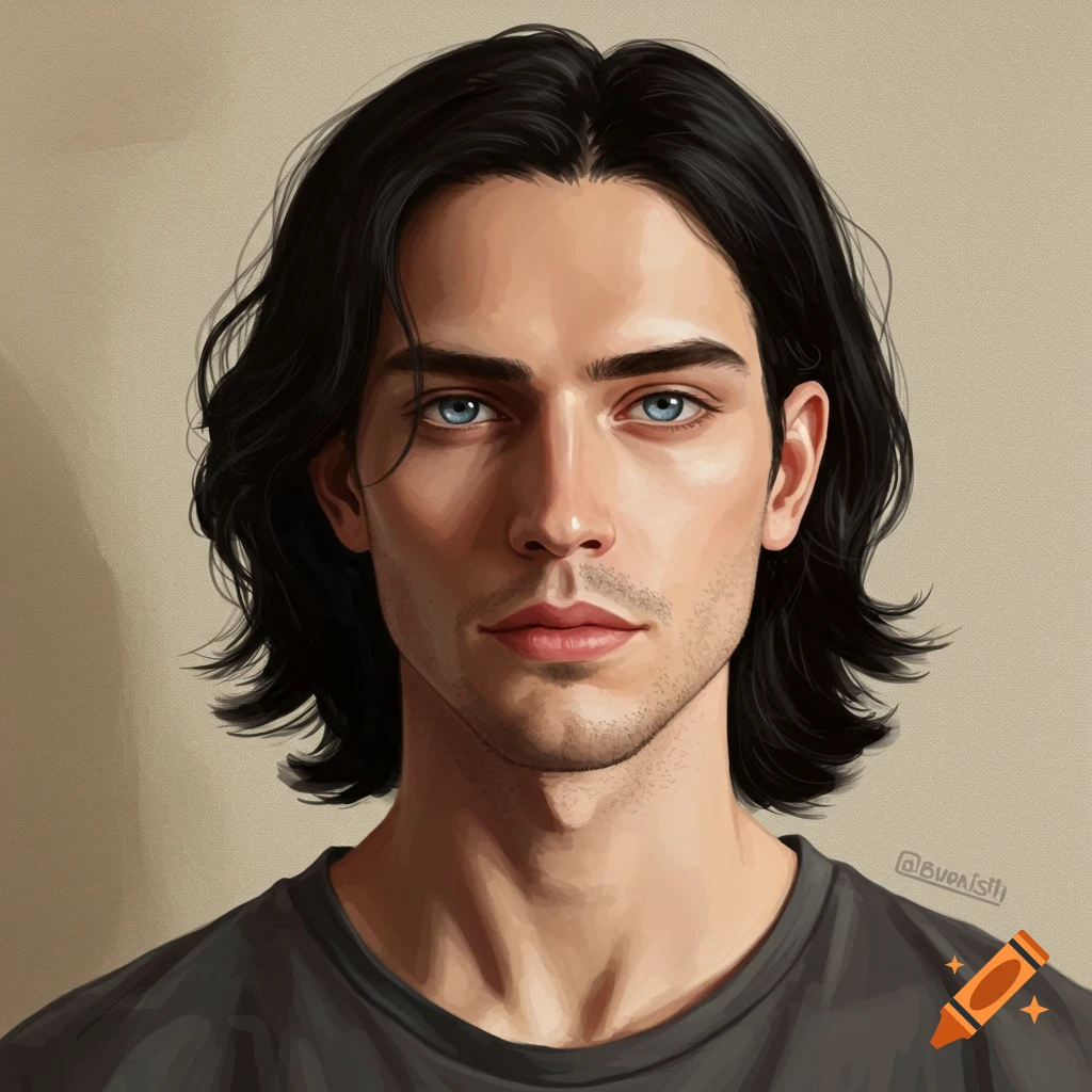 A stylized portrait of a man with shoulder-length black hair and striking blue eyes, wearing a dark gray t-shirt.
