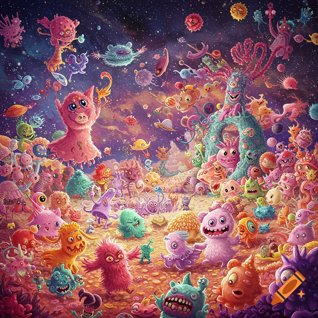 Vibrant illustration of a fantasy world filled with whimsical, colorful cartoon monsters and alien creatures on a strange planet.