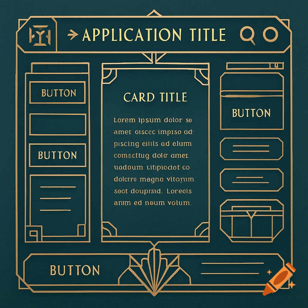 Art deco style application interface design with golden outlines on a dark teal background, showing buttons, titles, and placeholder text.