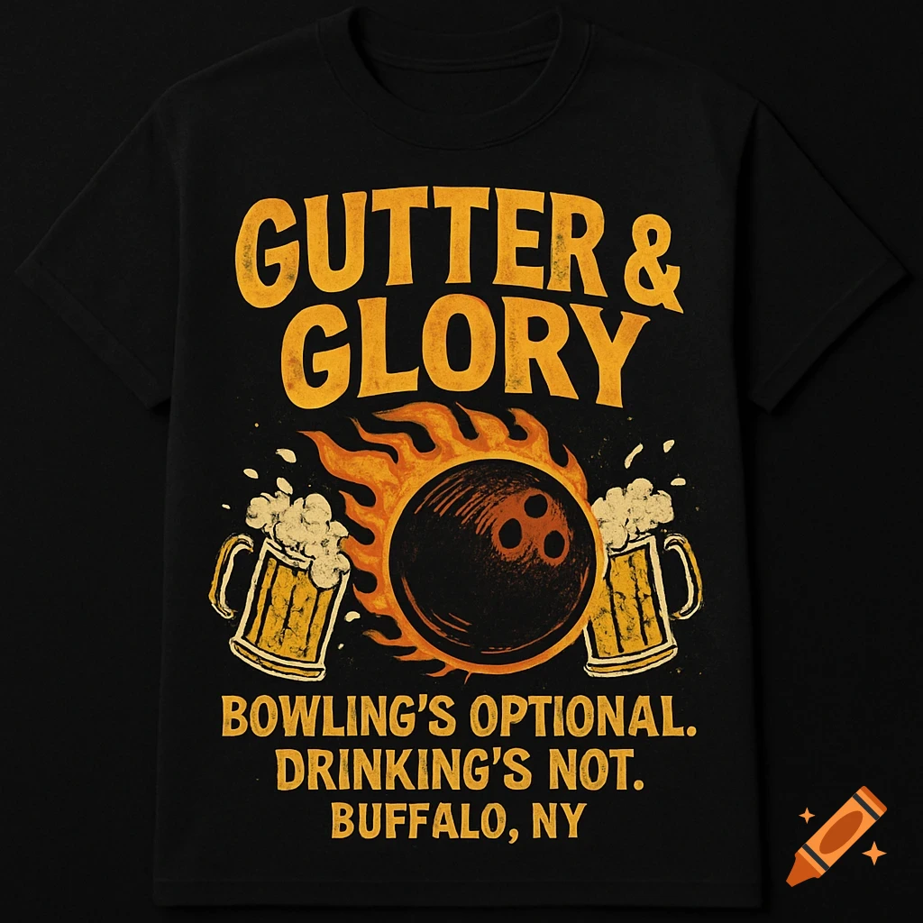 A black t-shirt with a yellow and orange design featuring a flaming bowling ball between two beer mugs, with text reading "GUTTER & GLORY", "BOWLING'S OPTIONAL. DRINKING'S NOT.", and "BUFFALO, NY".