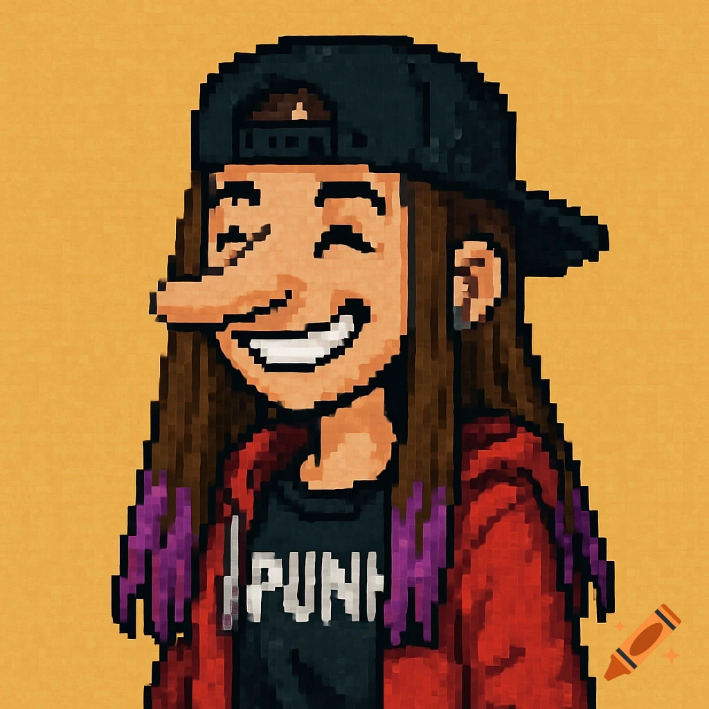 Pixel art portrait of a happy punk girl with a long nose, long brown hair with purple ends, wearing a red hoodie, black snapback, and a "PUNK" t-shirt.