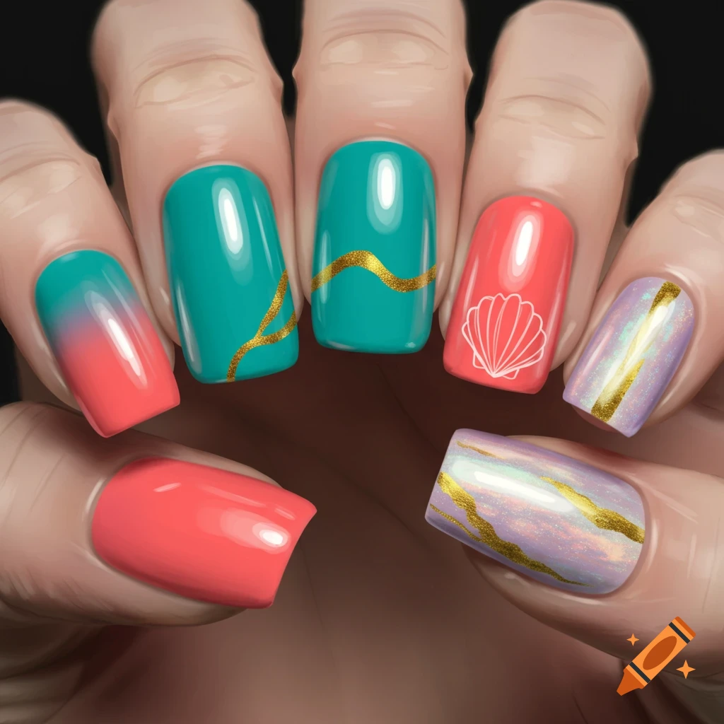 Close-up of a hand with nails painted in various designs, including turquoise with gold waves, coral with a white shell, sunset gradient, and lilac with gold streaks.