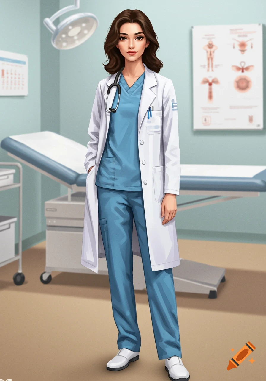 A stylized illustration of a female doctor with brown hair wearing blue scrubs, a white lab coat, and white shoes, standing in a medical examination room.