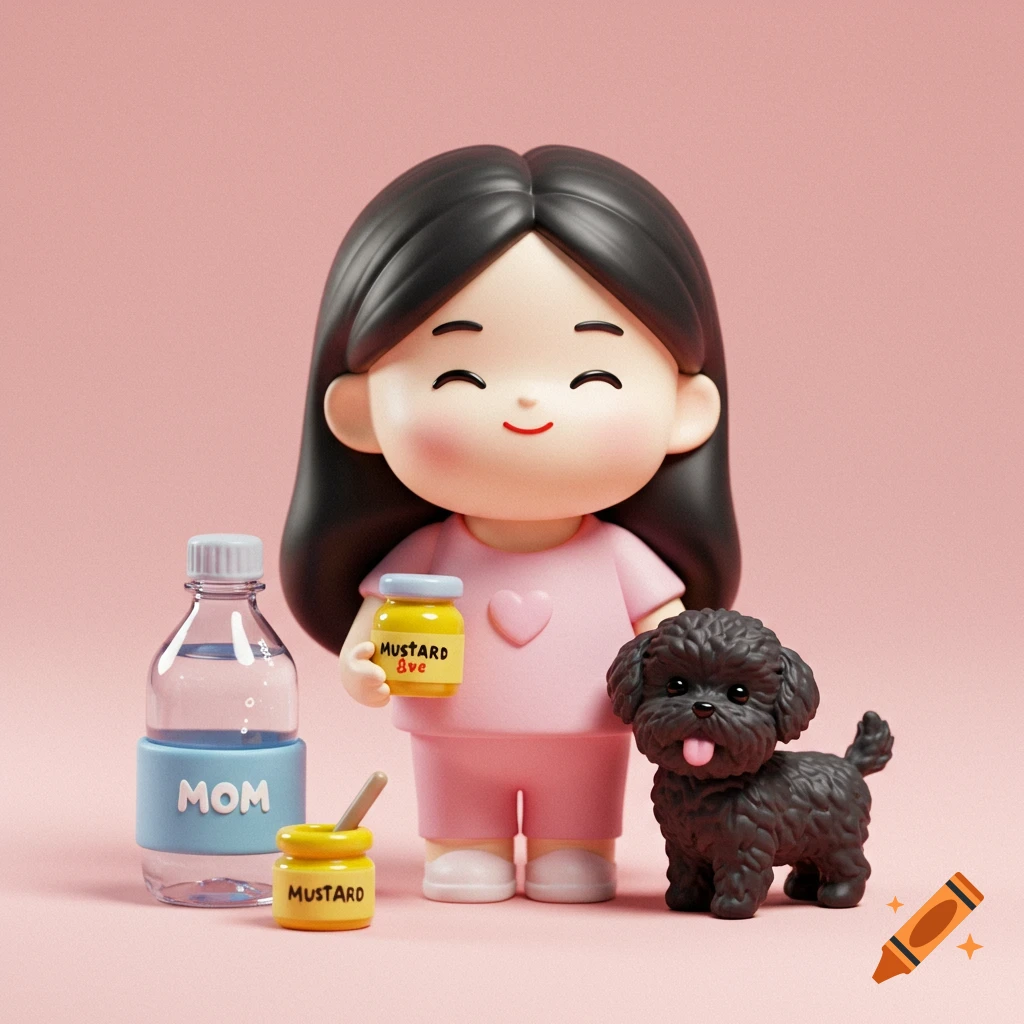 A cute figurine of a woman in pink pajamas holding a mustard jar, next to a black poodle dog and a water bottle labeled 'MOM' on pink.