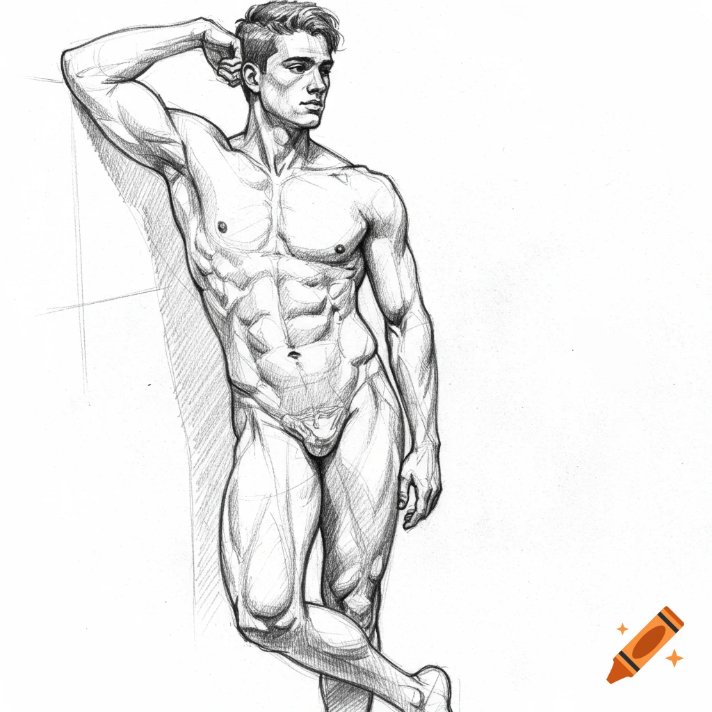 A monochrome pencil sketch of a muscular male figure leaning against a wall, posing for an anatomical study.