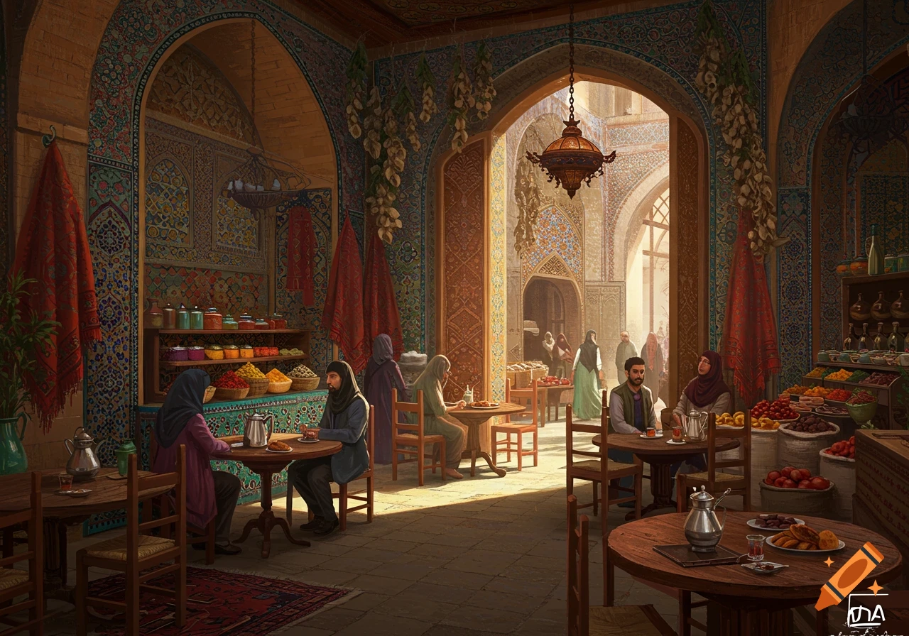 An ornate cafe inside a bustling Middle Eastern bazaar, with people seated at tables, colorful spices, fruits, and intricate tilework.