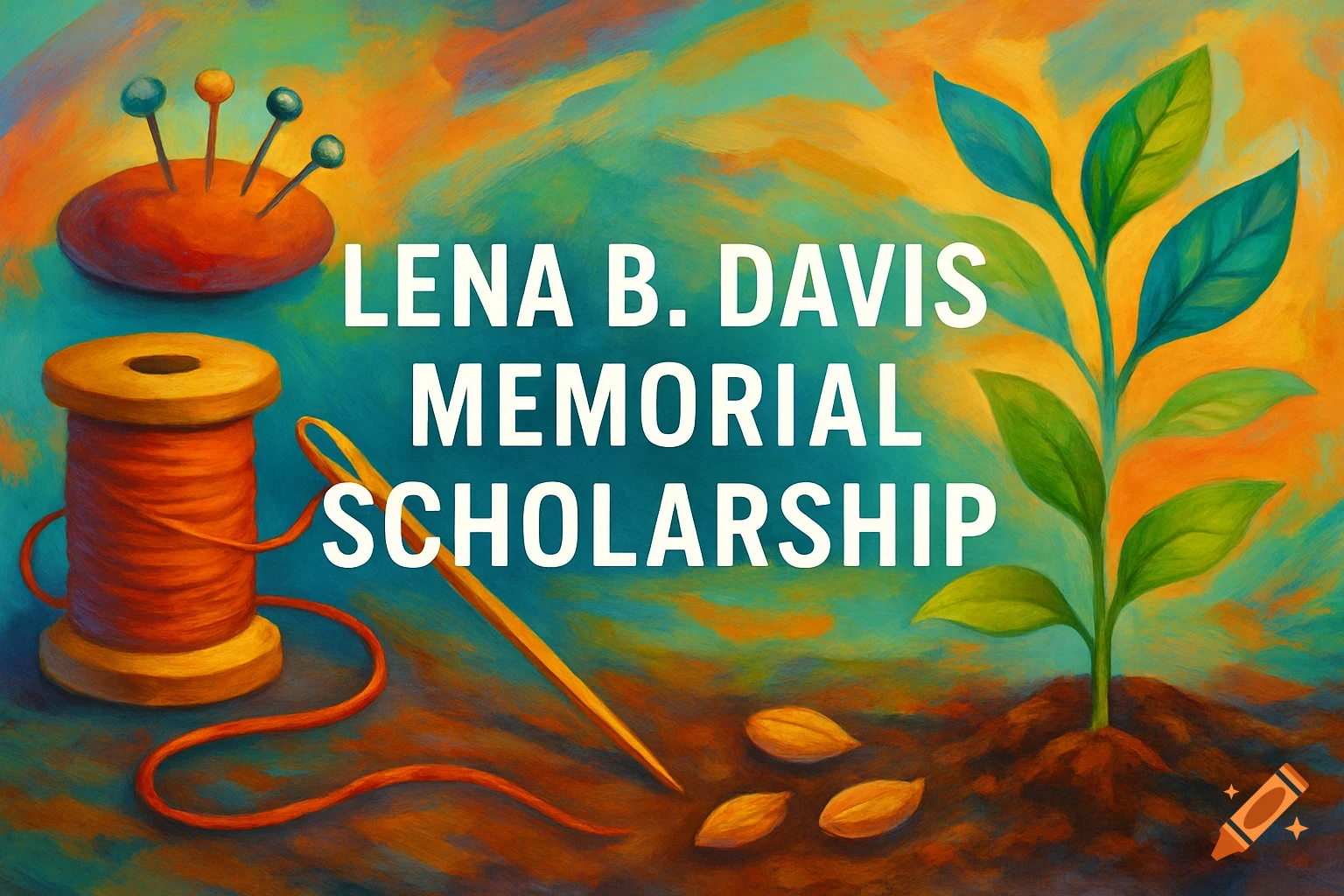Colorful painting of sewing items, a plant, and seeds with text 'LENA B. DAVIS MEMORIAL SCHOLARSHIP'.