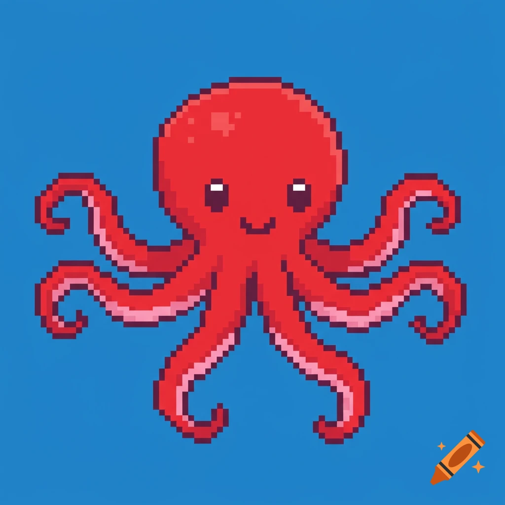 A cute red and pink pixelated octopus with a smile on a blue background.