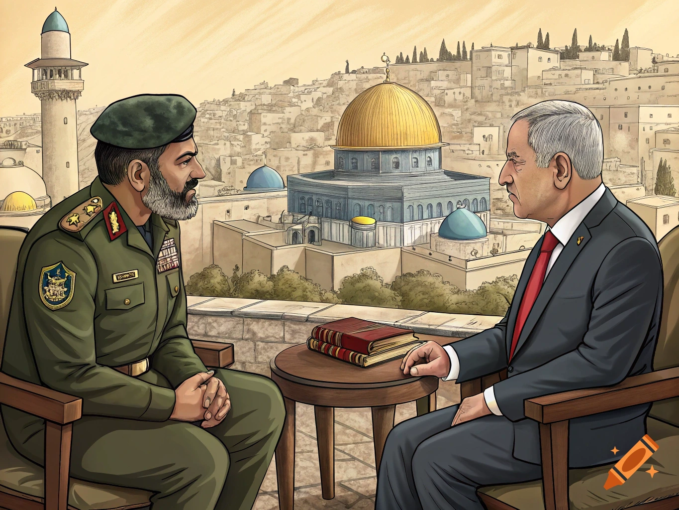 Two men, one in military uniform, one in a suit, sit talking with an illustrative cityscape of Jerusalem and the Dome of the Rock in the background.