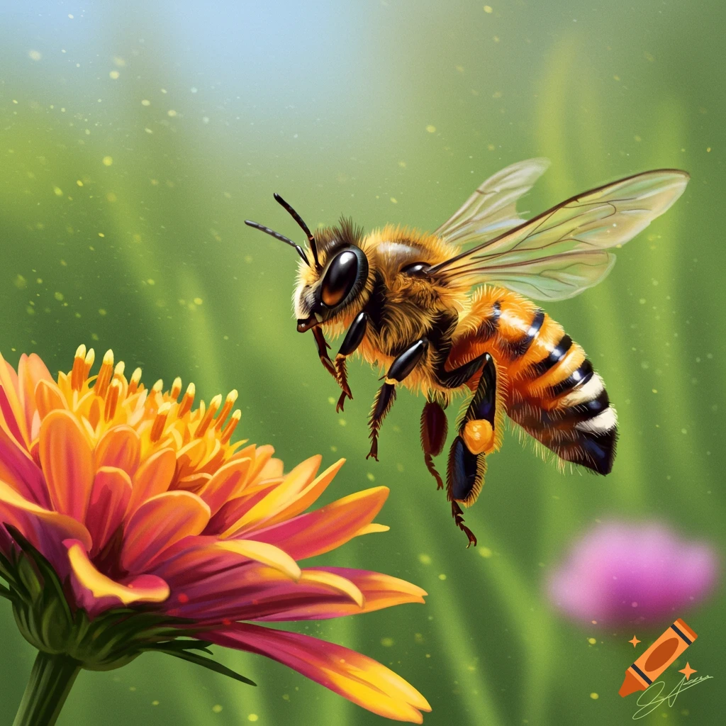 A detailed honey bee hovers over a vibrant orange and pink flower in a lush green environment.