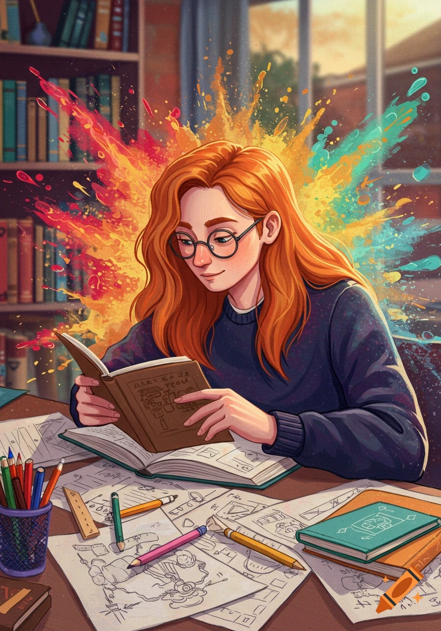 An illustration of a ginger woman with glasses reading a book at a desk with papers and pencils, colorful splatters around her head.