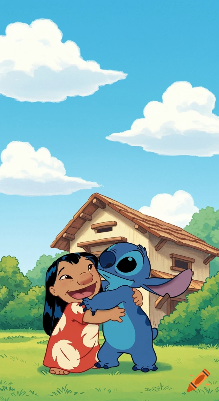 Lilo and Stitch hug in a grassy yard in front of a house, under a blue sky with white clouds.