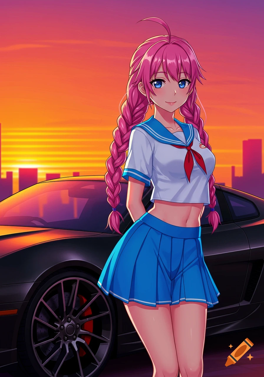 Anime girl with pink braids in a sailor uniform stands by a black sports car at sunset.