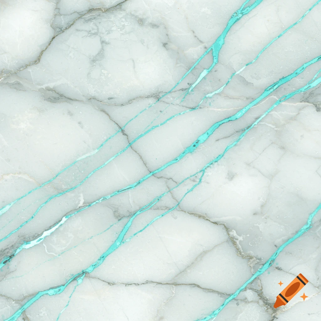 White marble with turquoise and grey veins.