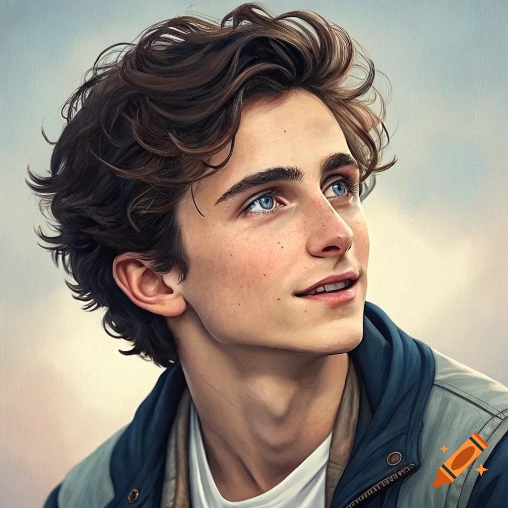 Detailed portrait of a young man with curly brown hair and blue eyes, looking up, against a soft sky background.