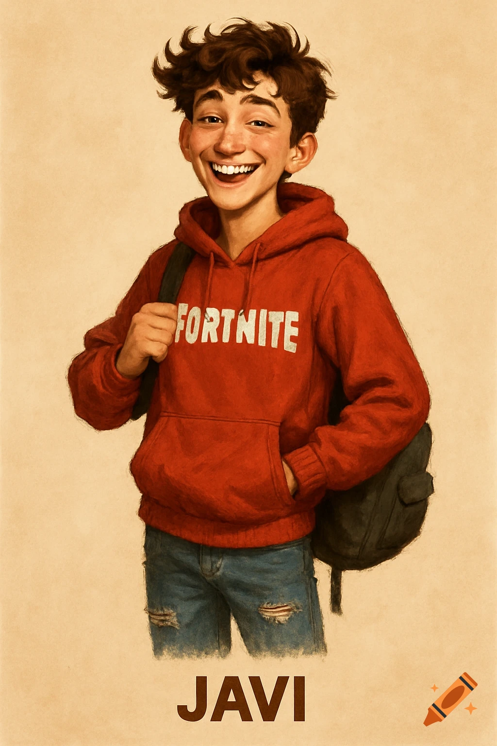 Illustration of a smiling boy with curly hair, wearing a red hoodie with 'FORTNITE' and ripped jeans, with 'JAVI' text below.