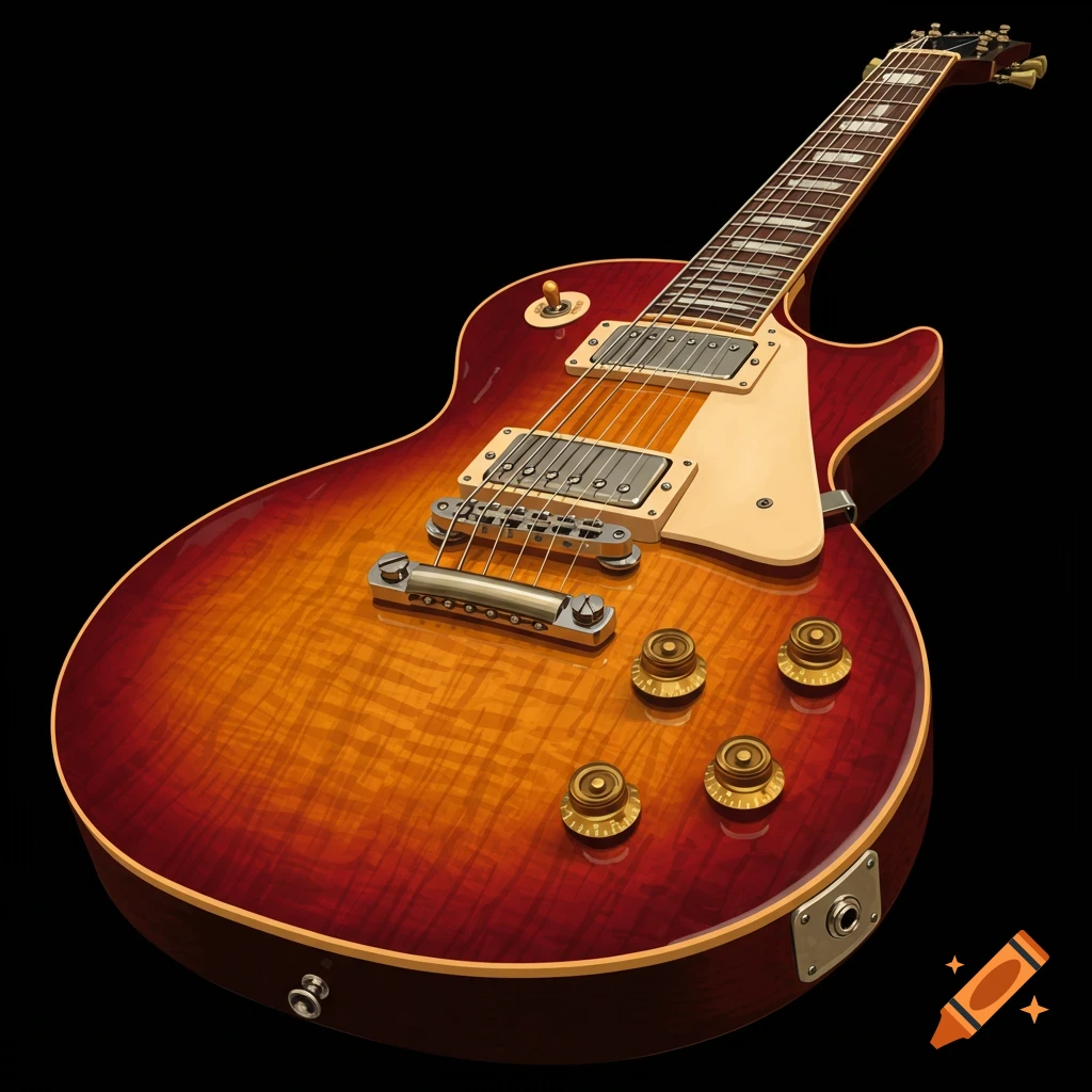 A photorealistic close-up of a red and orange sunburst Gibson Les Paul electric guitar on a black background.