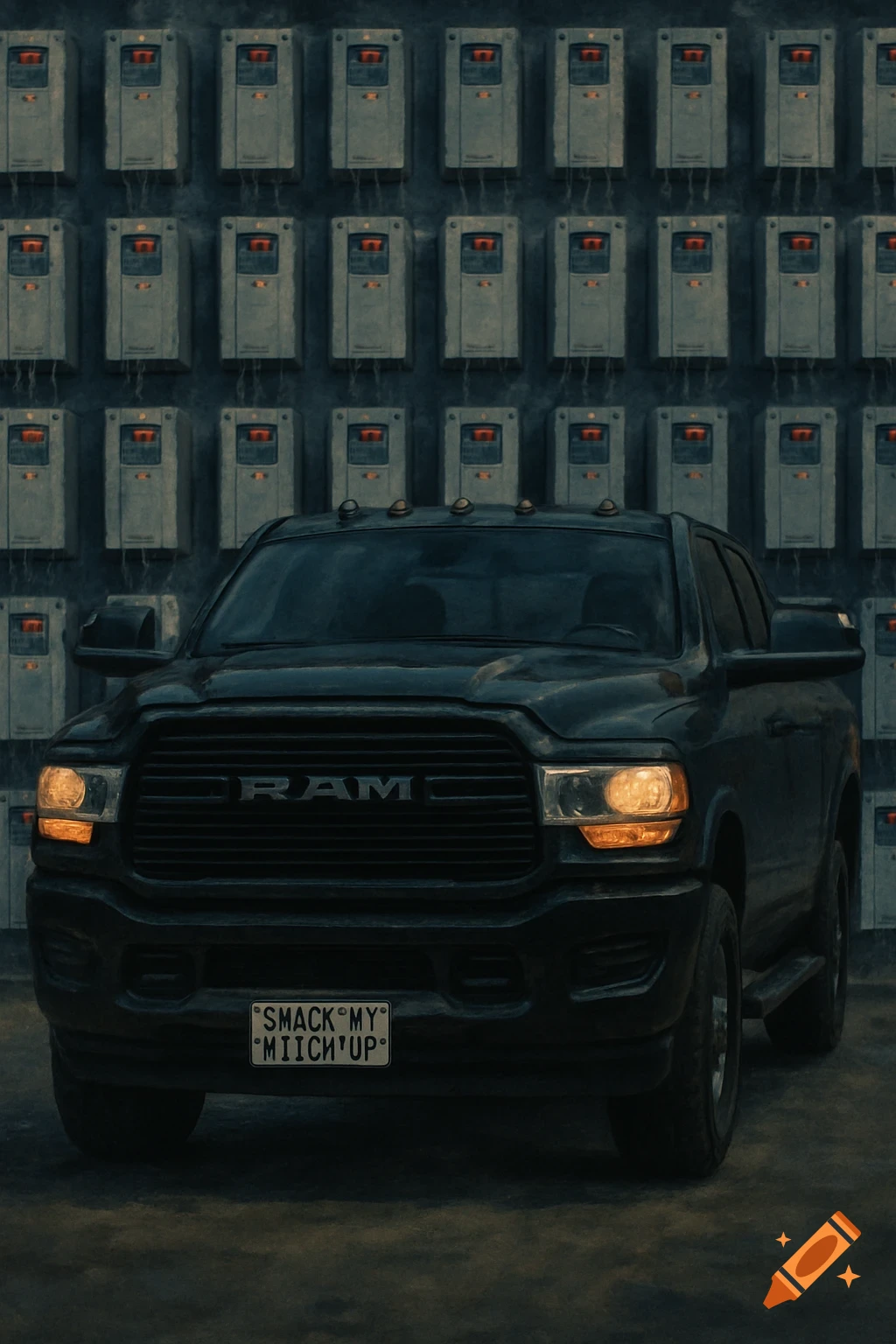 A black Ram pickup truck with its headlights on and a license plate reading 'SMACK MY MIICH UP', parked in front of a wall covered in grey electrical meters.