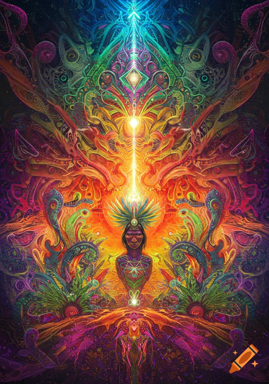 Vibrant psychedelic art with a central figure in a feathered headdress, surrounded by intricate patterns and bright light.
