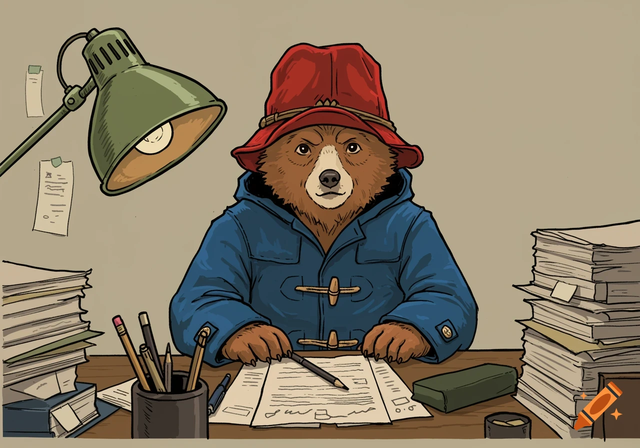Cartoon illustration of Paddington Bear wearing a red hat and blue coat, sitting at a work desk with papers and a lamp.
