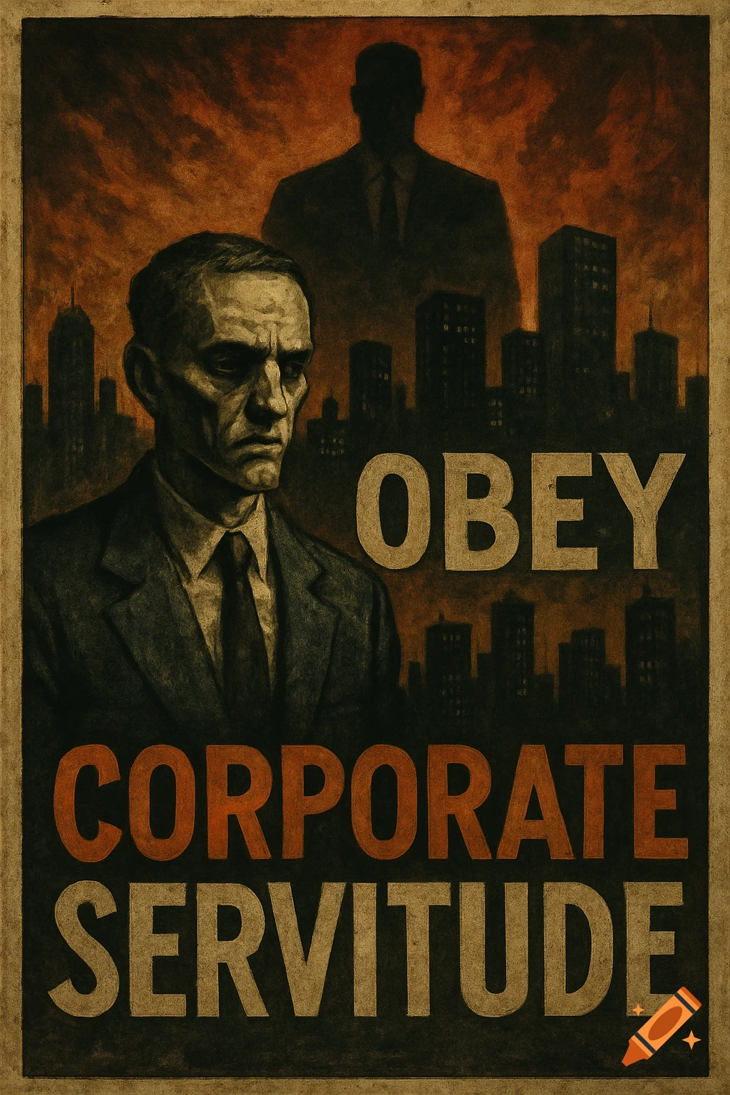 A dystopian propaganda poster showing a man in a suit, a shadowy figure, city skyline, and the words 'OBEY CORPORATE SERVITUDE'.