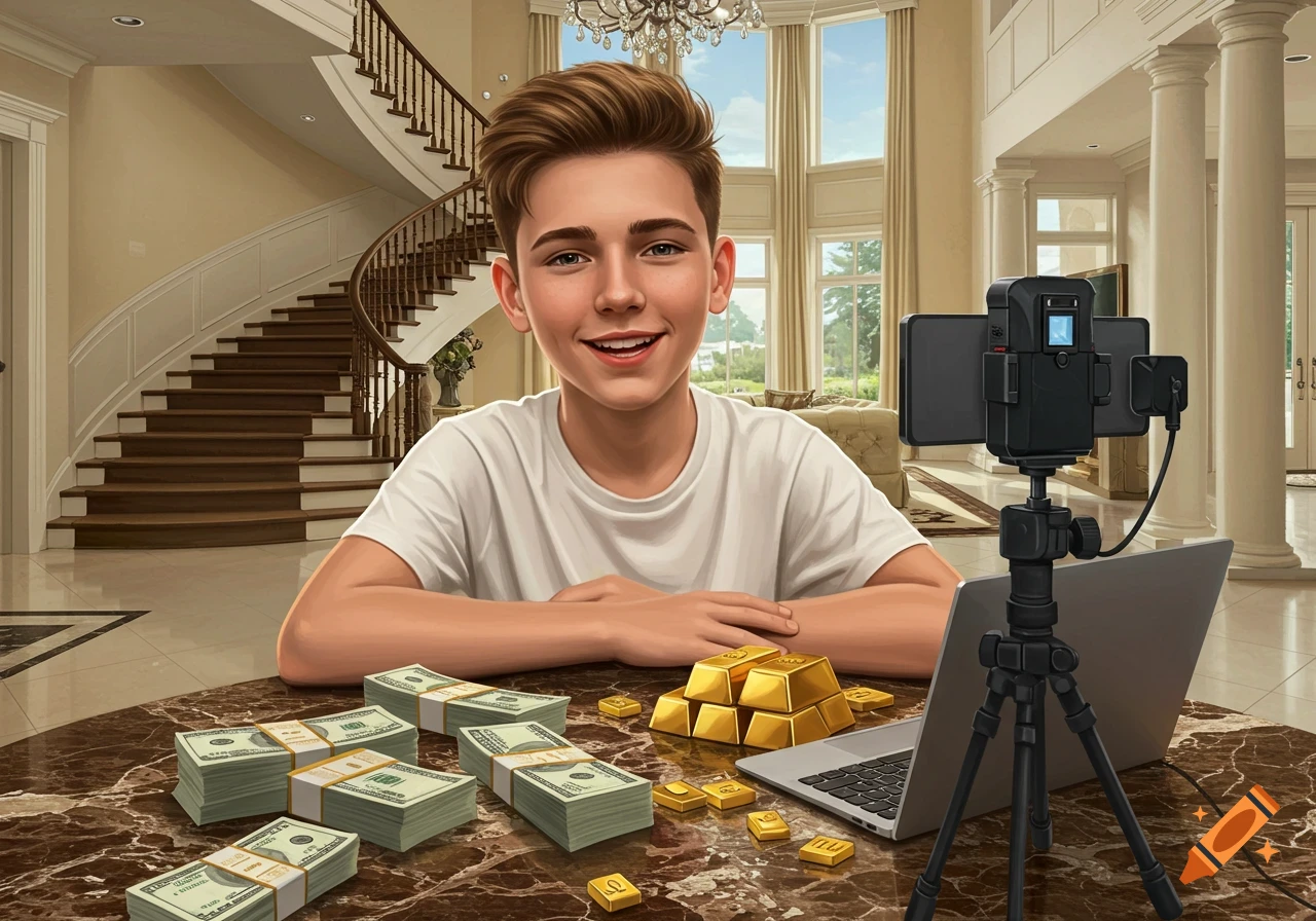 A smiling young person vlogging from a mansion, sitting at a marble table with stacks of money, gold bars, a laptop, and a camera setup.