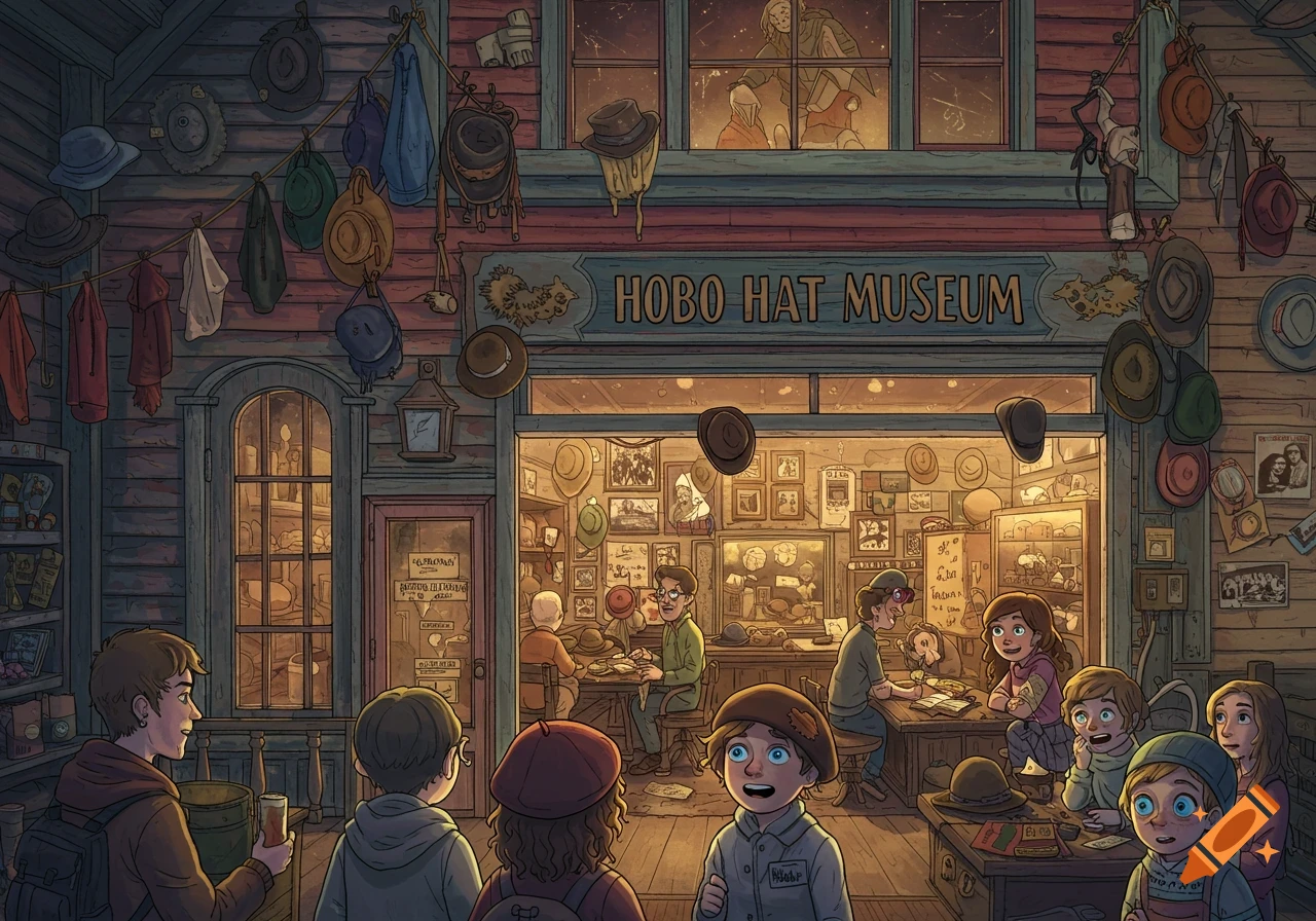 An illustrated scene of a bustling 'Hobo Hat Museum' with people inside and outside, featuring various hats on display and hung on the building.