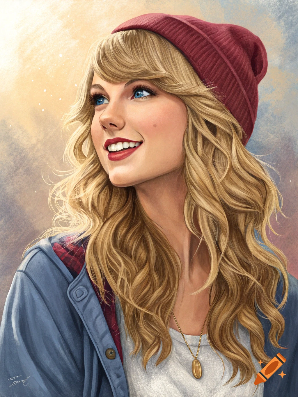 A smiling portrait illustration of Taylor Swift in a red beanie and blue denim jacket, looking upwards.