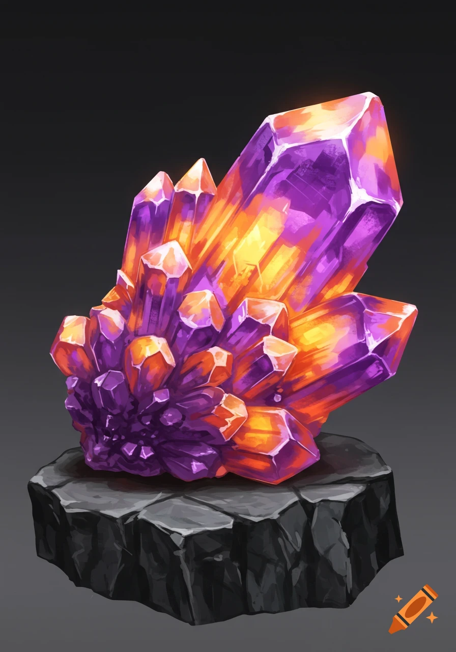 A cluster of glowing purple and orange crystals on a dark stone base, against a dark gray background.