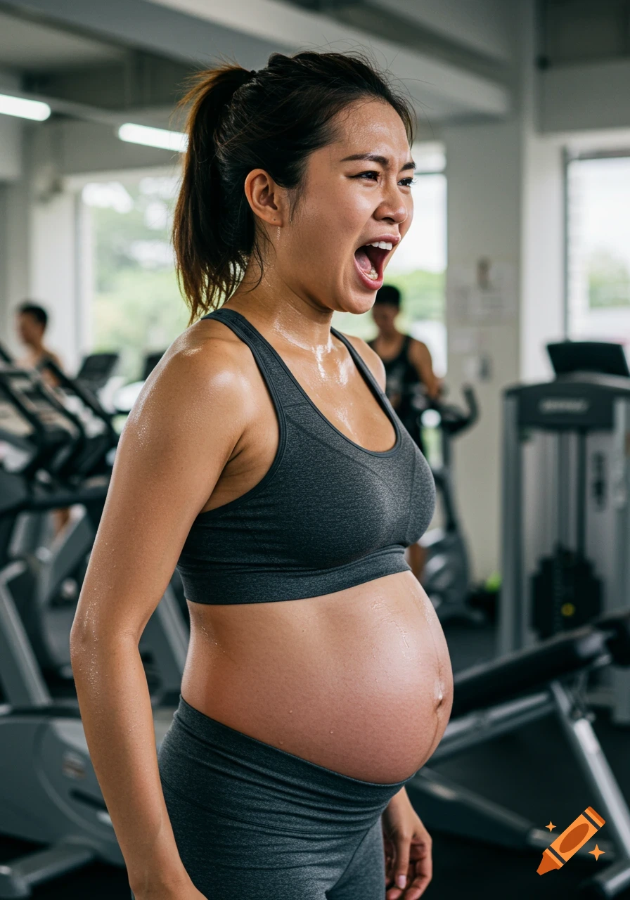 Sweaty pregnant Asian woman in a gym screaming during a workout.