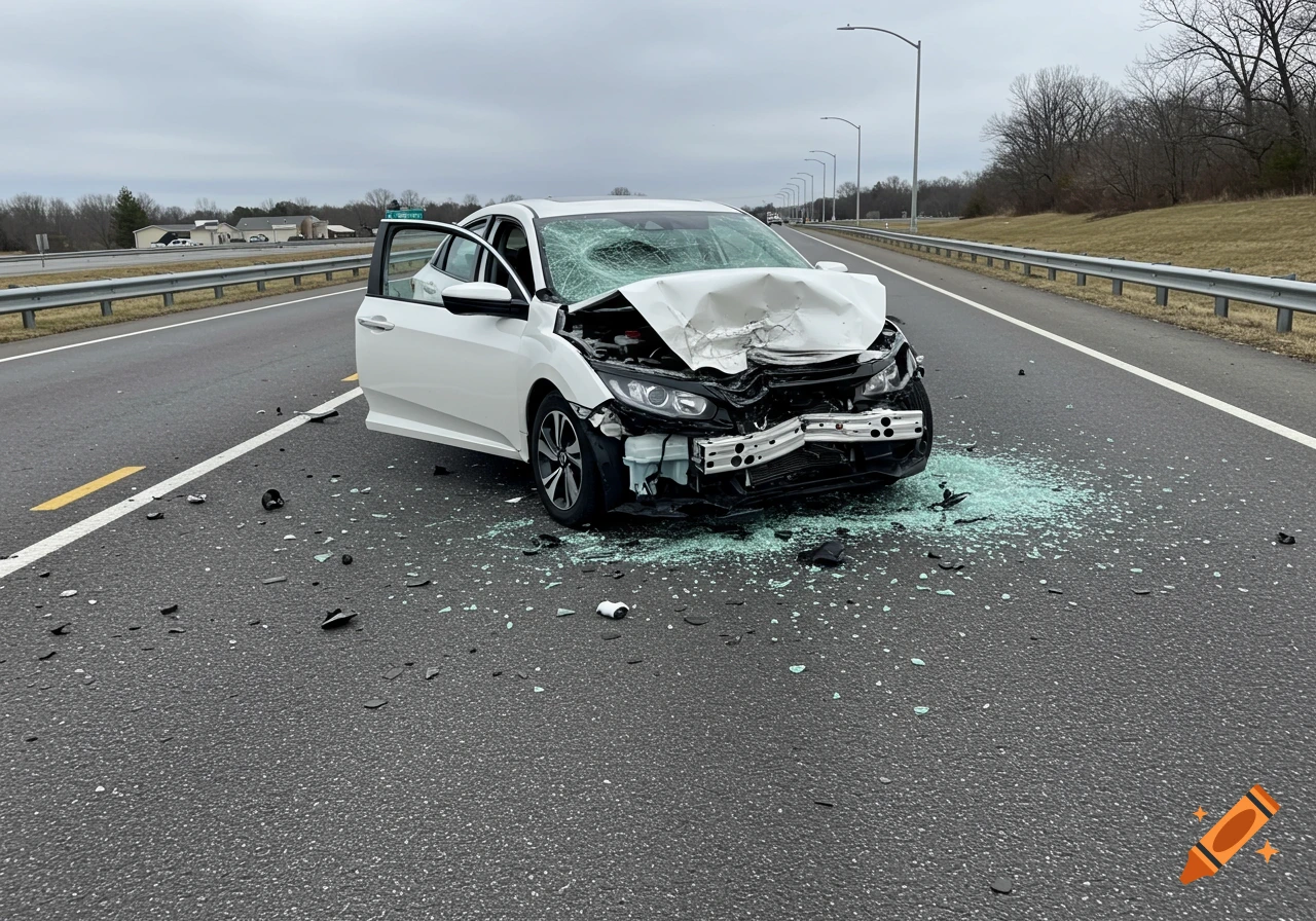 A white Honda Civic with severe front-end damage and shattered glass scattered on a highway after a car crash.