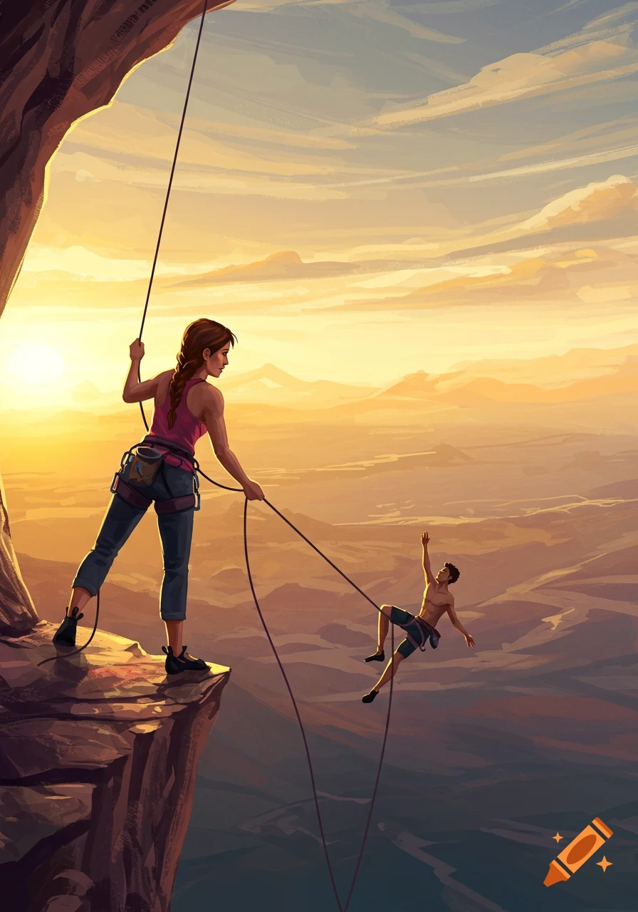 An illustrative image of a woman belaying a man as he hangs from a rope on a cliff at sunset, overlooking a vast mountain range.