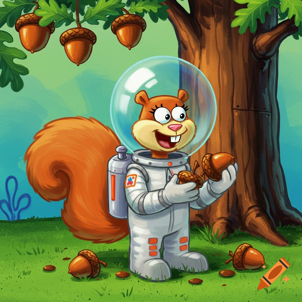 Cartoon squirrel Sandy Cheeks in an astronaut suit holds acorns under an oak tree in a vibrant, stylized setting.