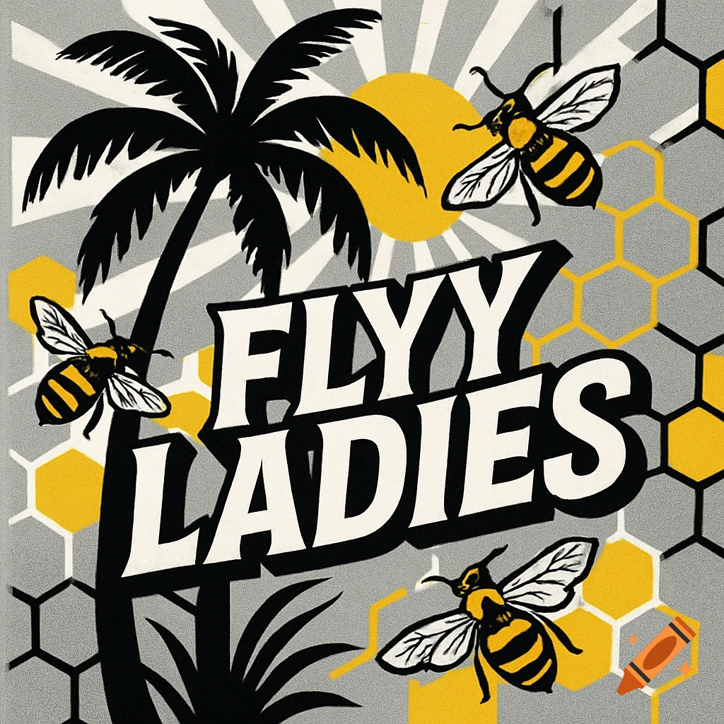 Graphic design of a palm tree, sun, and bees on a honeycomb background, with 'FLYY LADIES' text.