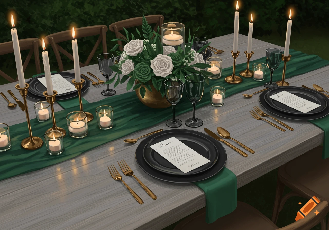 An elegant wedding dinner table setting with a light wood table, emerald green runner, black plates, and gold utensils. Candles illuminate the scene.