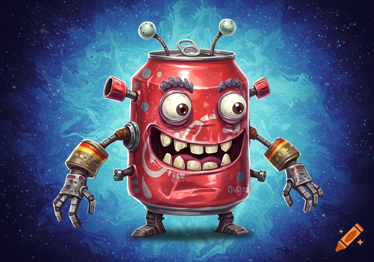 A vibrant cartoon monster made from a red soda can, with large eyes, a wide grin showing big teeth, and mechanical limbs, against a swirling blue background.