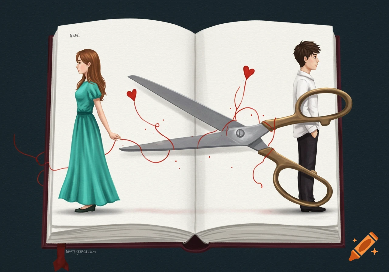 An illustration of a man and woman on opposite pages of an open book, with scissors cutting a red thread between them, symbolizing a breakup.