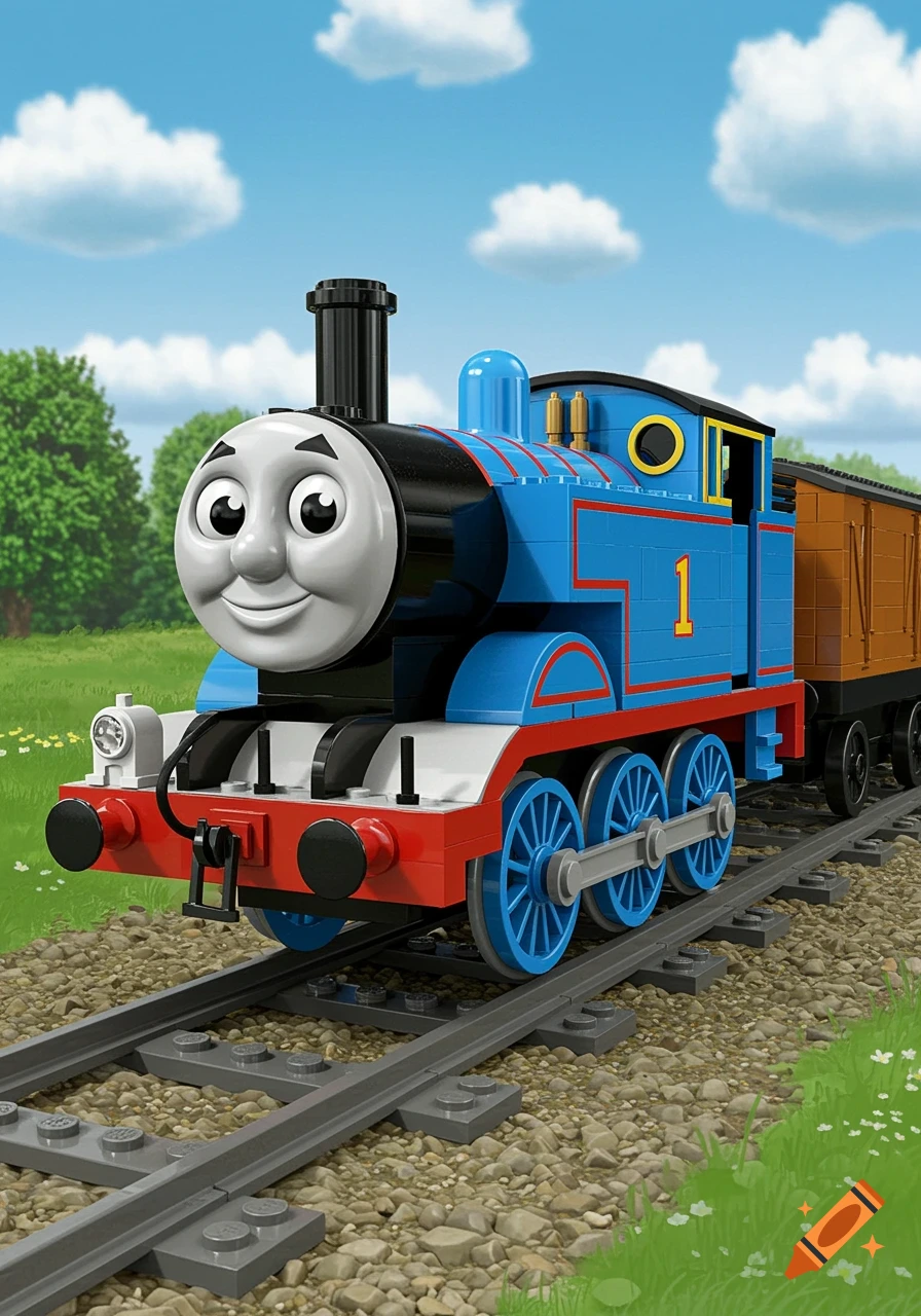 A LEGO model of Thomas the Tank Engine with the number 1, on train tracks in a grassy field under a blue sky.