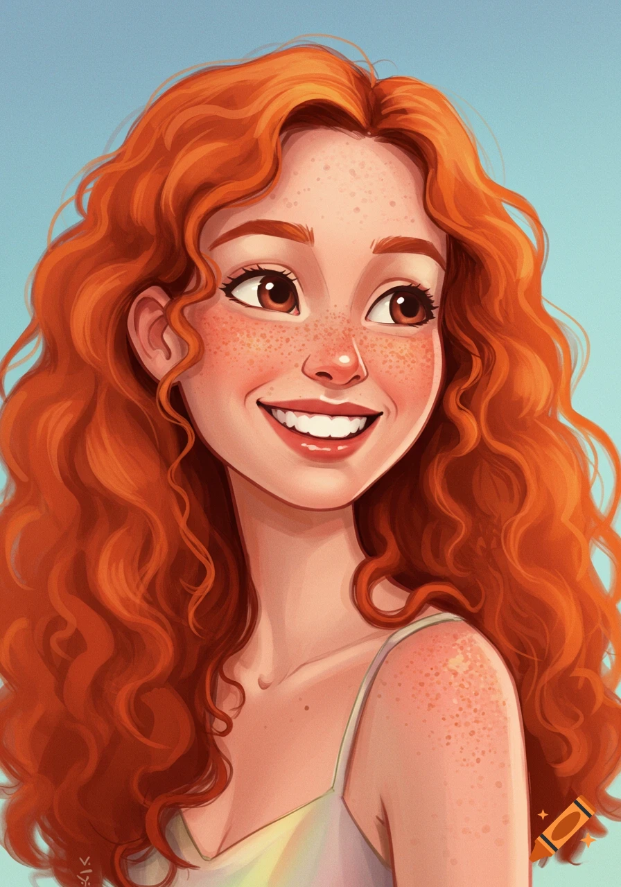 A smiling young woman with long, curly red hair and freckles, depicted ...